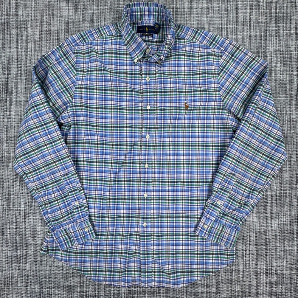 Ralph Lauren Large Slim Fit Stretch Oxford Shirt Blue Green Plaid Button Down